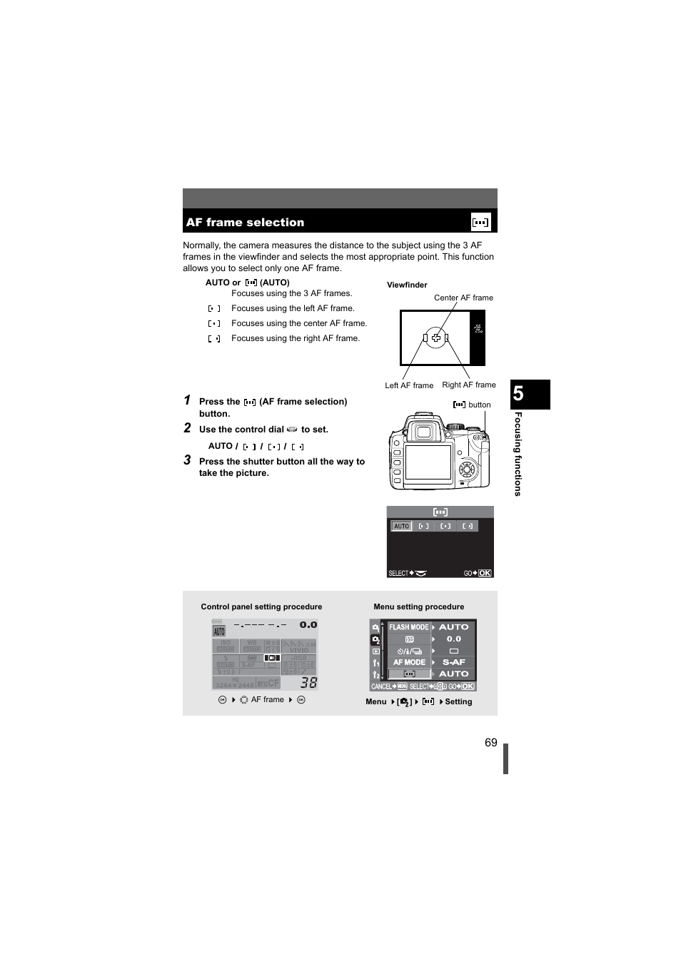 Af frame selection, P. 69 | Olympus EVOLT E-500 User Manual | Page 69 / 216