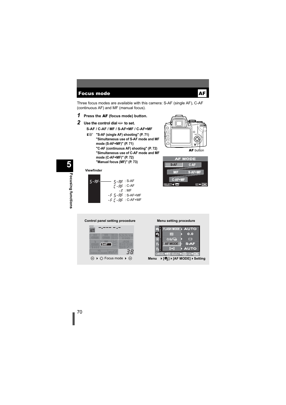 Focus mode, P. 70 | Olympus EVOLT E-500 User Manual | Page 70 / 216