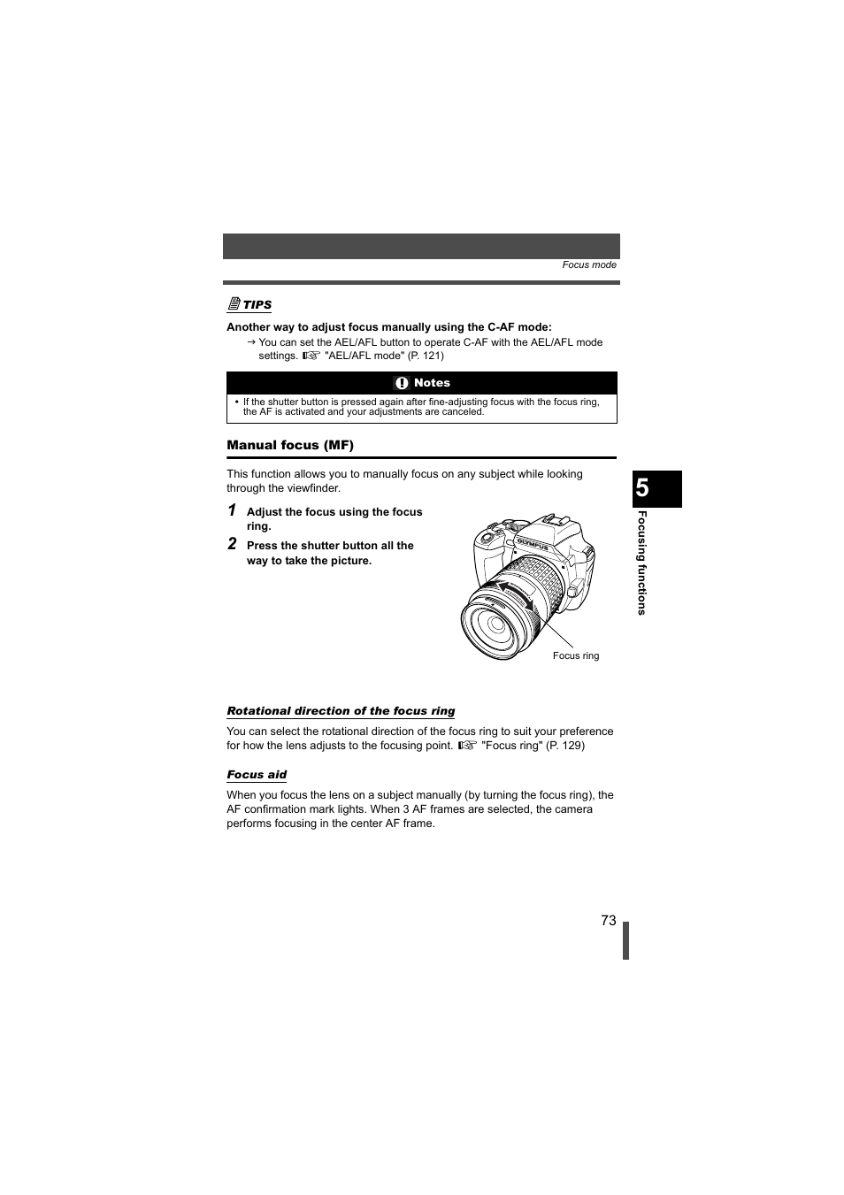 Manual focus (mf), Manual focus (mf)" (p. 73) | Olympus EVOLT E-500 User Manual | Page 73 / 216