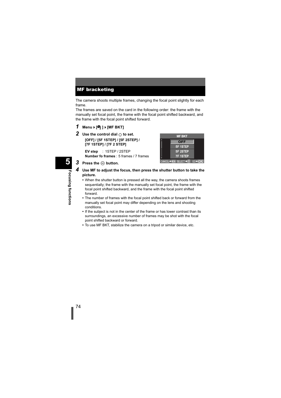 Mf bracketing, P. 74 | Olympus EVOLT E-500 User Manual | Page 74 / 216