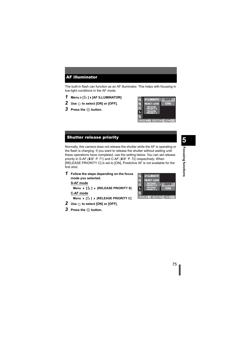 Af illuminator, Shutter release priority, Af illuminator shutter release priority | G "af illuminator" (p. 75) | Olympus EVOLT E-500 User Manual | Page 75 / 216