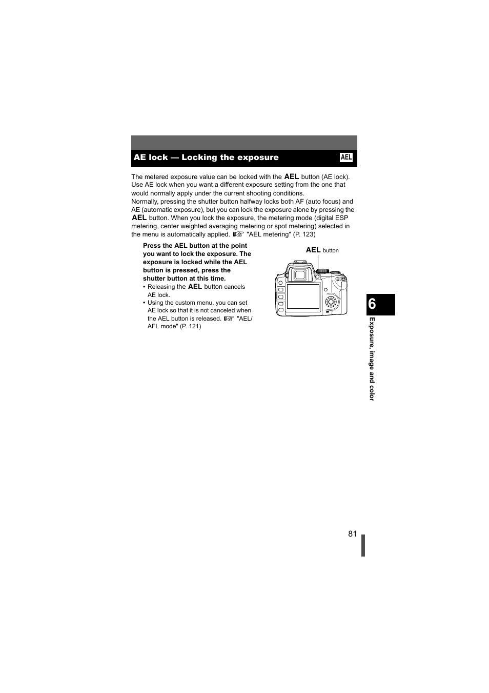 Ae lock - locking the exposure, Ae lock — locking the exposure | Olympus EVOLT E-500 User Manual | Page 81 / 216