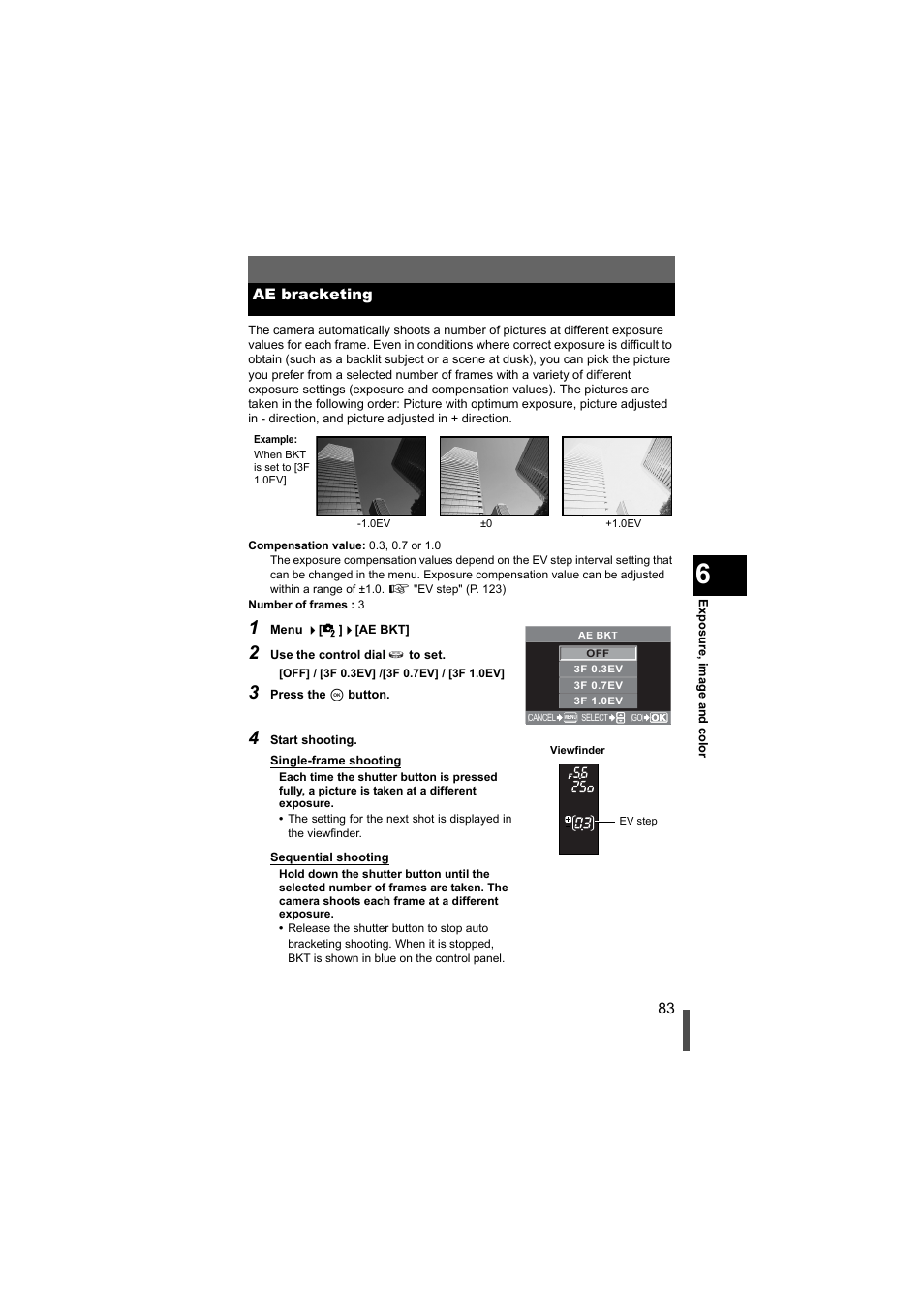 Ae bracketing, P. 83 | Olympus EVOLT E-500 User Manual | Page 83 / 216