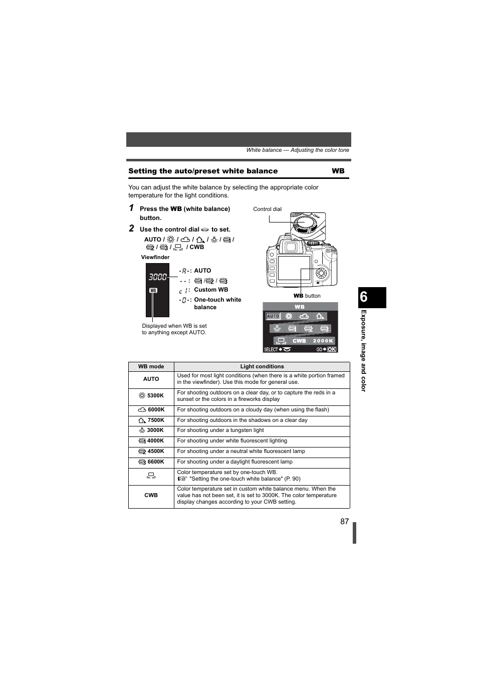 Setting the auto/preset white balance | Olympus EVOLT E-500 User Manual | Page 87 / 216