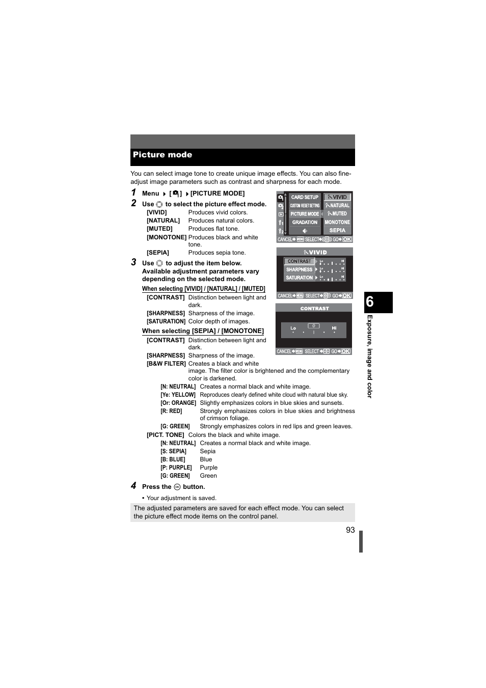 Picture mode | Olympus EVOLT E-500 User Manual | Page 93 / 216