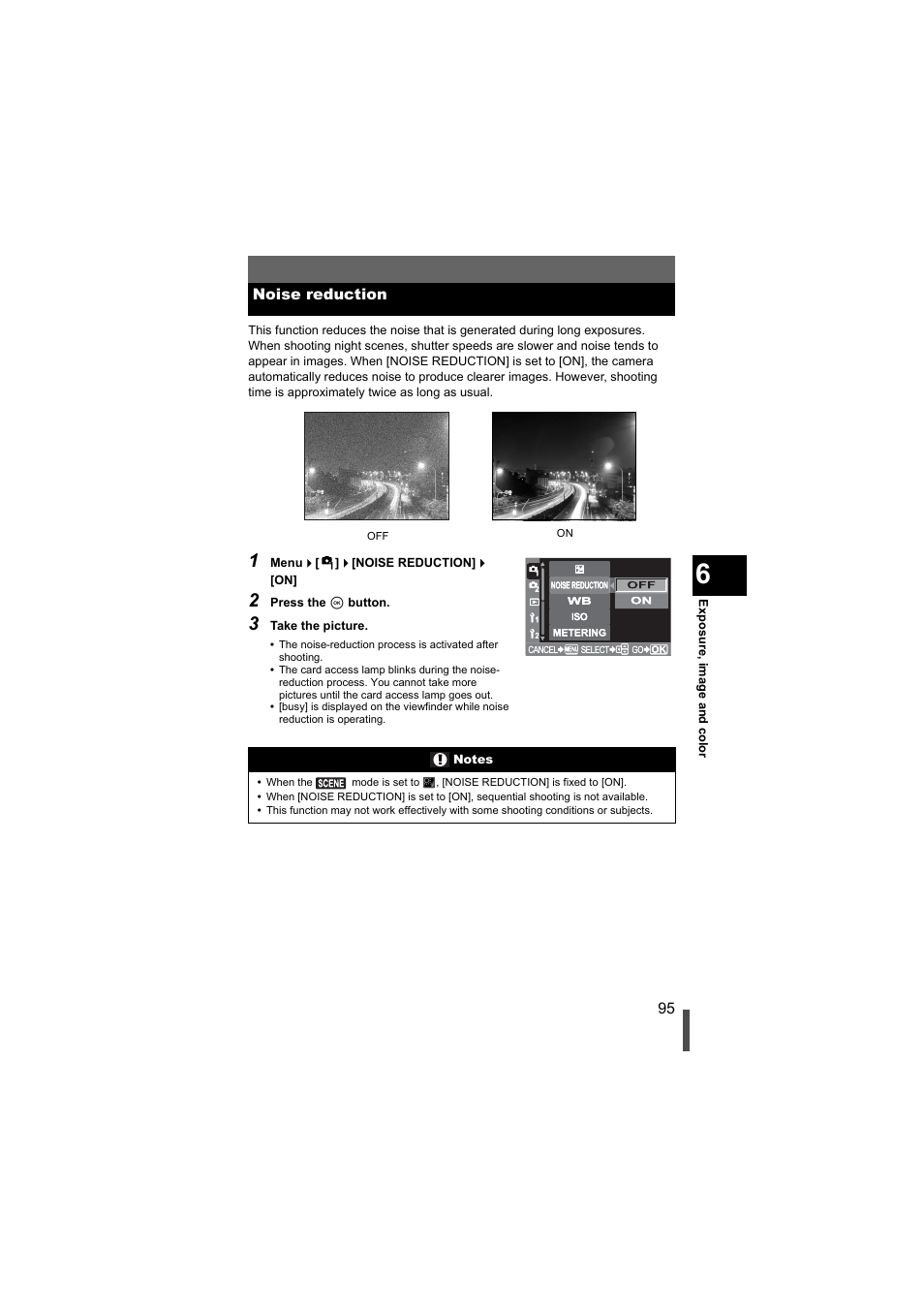 Noise reduction, G "noise reduction" (p. 95) | Olympus EVOLT E-500 User Manual | Page 95 / 216