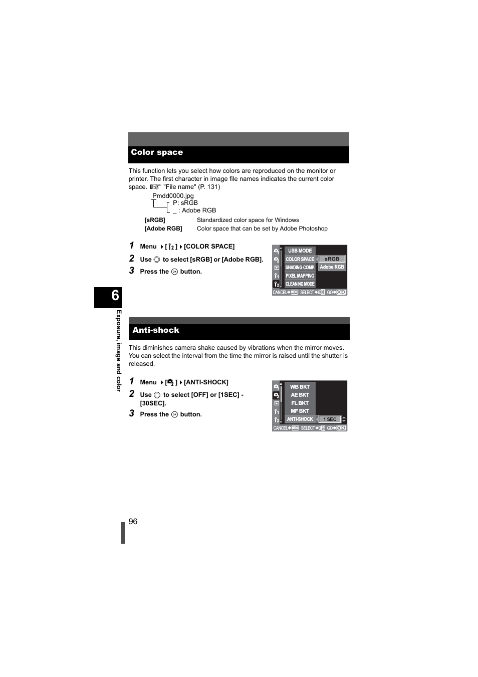 Color space, Anti-shock, Color space anti-shock | Olympus EVOLT E-500 User Manual | Page 96 / 216