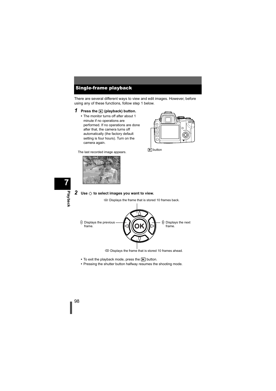 Single-frame playback | Olympus EVOLT E-500 User Manual | Page 98 / 216