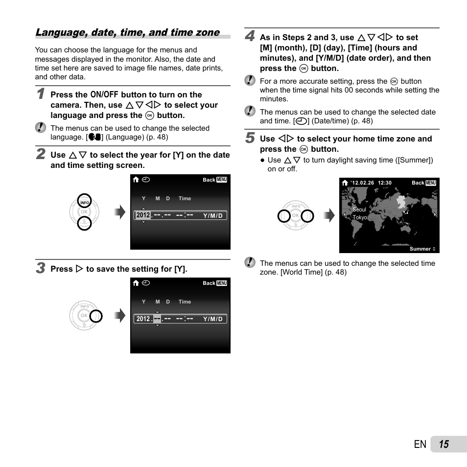 15 en, Language, date, time, and time zone | Olympus VR-350 User Manual | Page 15 / 77