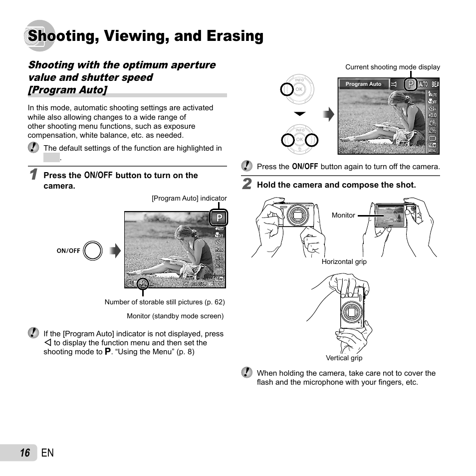 Shooting, viewing, and erasing, 16 en | Olympus VR-350 User Manual | Page 16 / 77