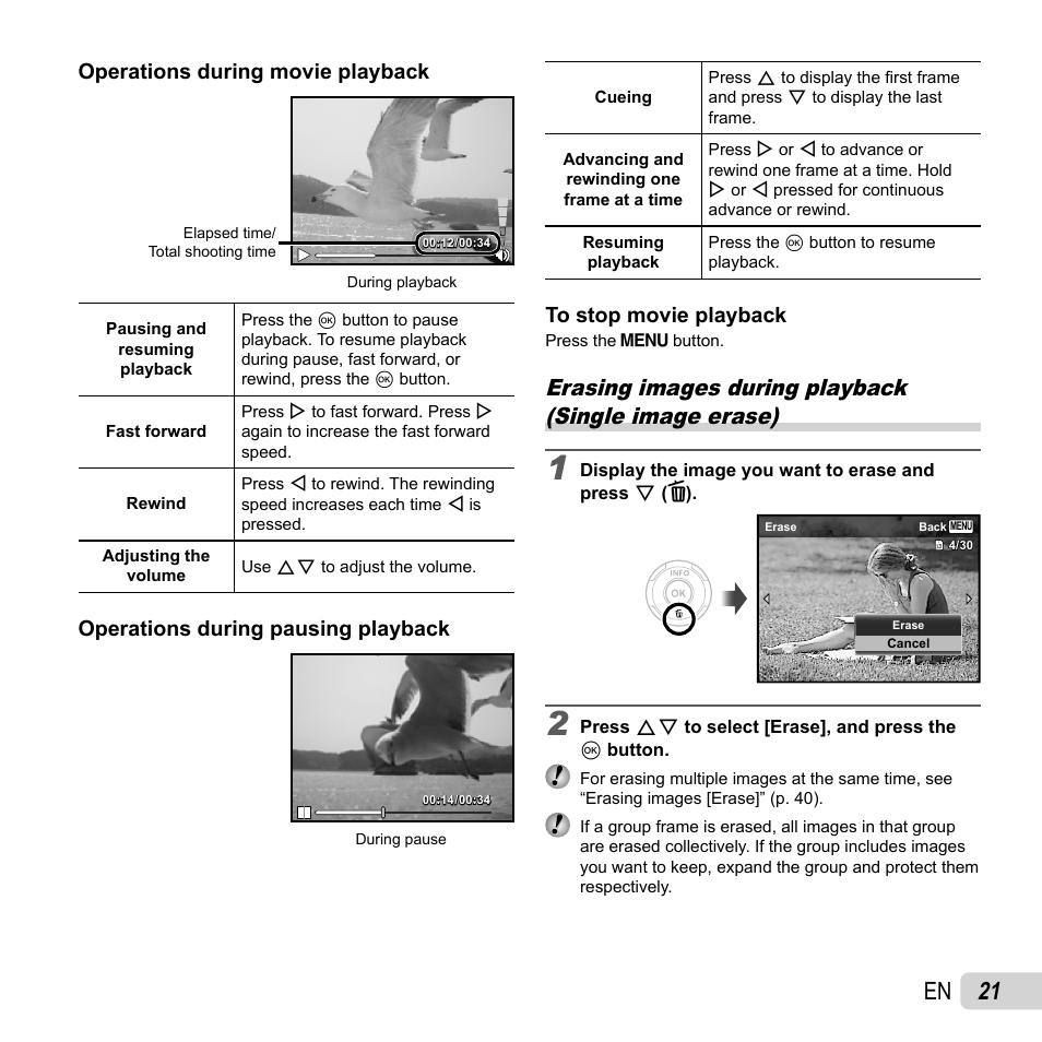 21 en, Operations during movie playback, Operations during pausing playback | Olympus VR-350 User Manual | Page 21 / 77