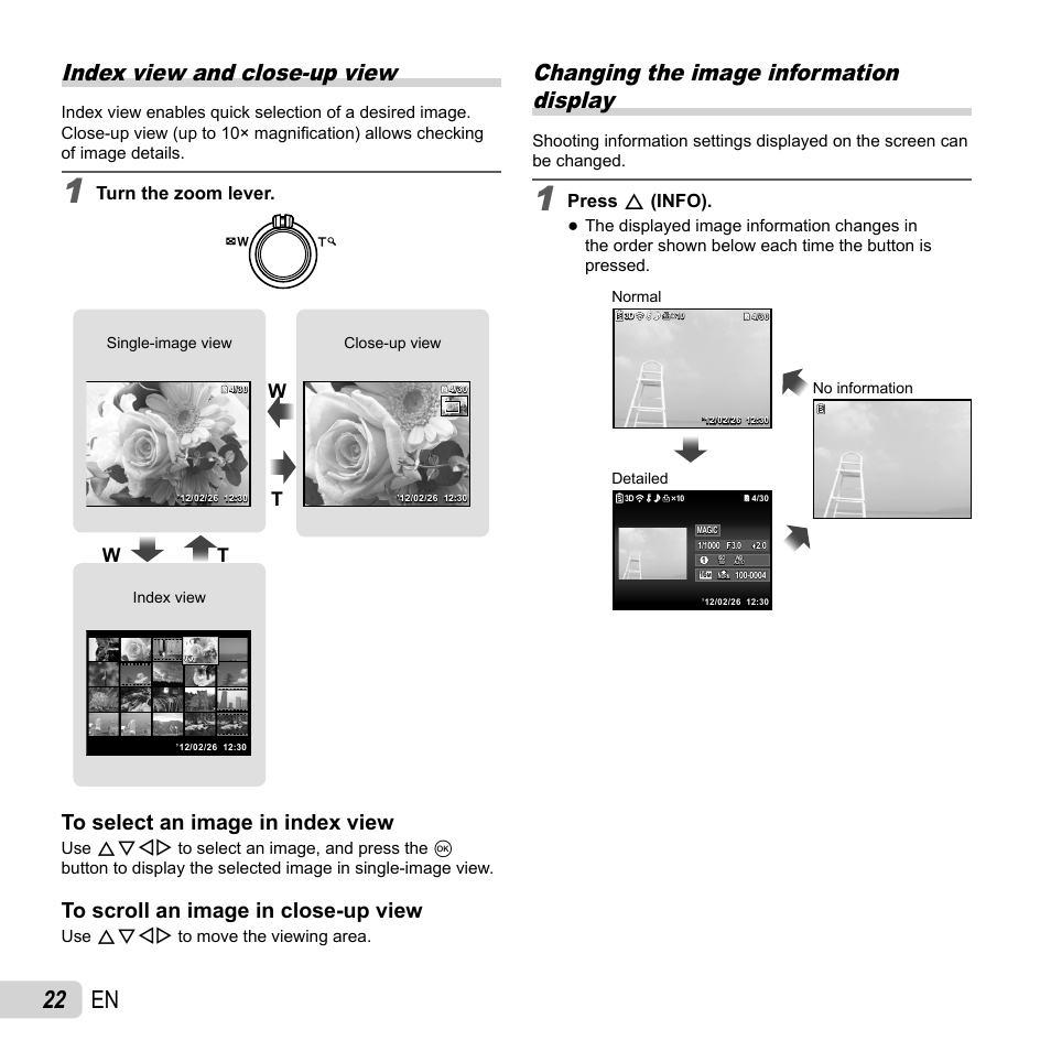 22 en, Index view and close-up view, Changing the image information display | Wt w t, Turn the zoom lever, Press f (info), Use fghi to move the viewing area | Olympus VR-350 User Manual | Page 22 / 77