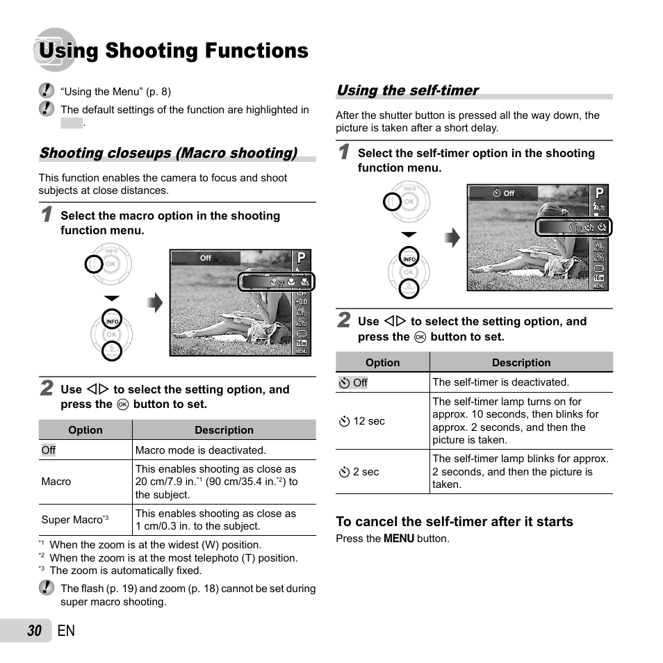 Using shooting functions, 30 en, Shooting closeups (macro shooting) | Using the self-timer | Olympus VR-350 User Manual | Page 30 / 77
