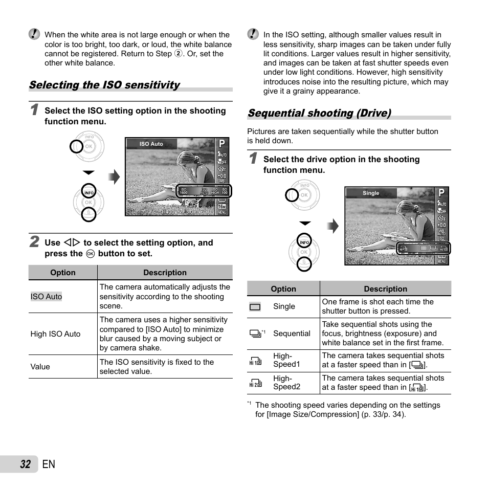 32 en, Selecting the iso sensitivity, Sequential shooting (drive) | Olympus VR-350 User Manual | Page 32 / 77