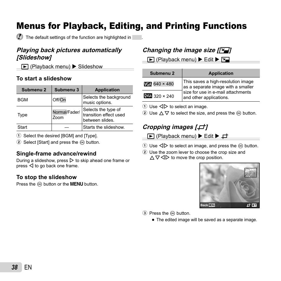 38 en, Changing the image size, Changing the image size [ q q | Cropping images, Cropping images [ p p | Olympus VR-350 User Manual | Page 38 / 77