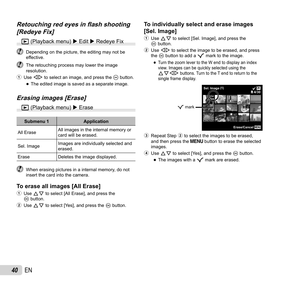 40 en, Erasing images [erase | Olympus VR-350 User Manual | Page 40 / 77