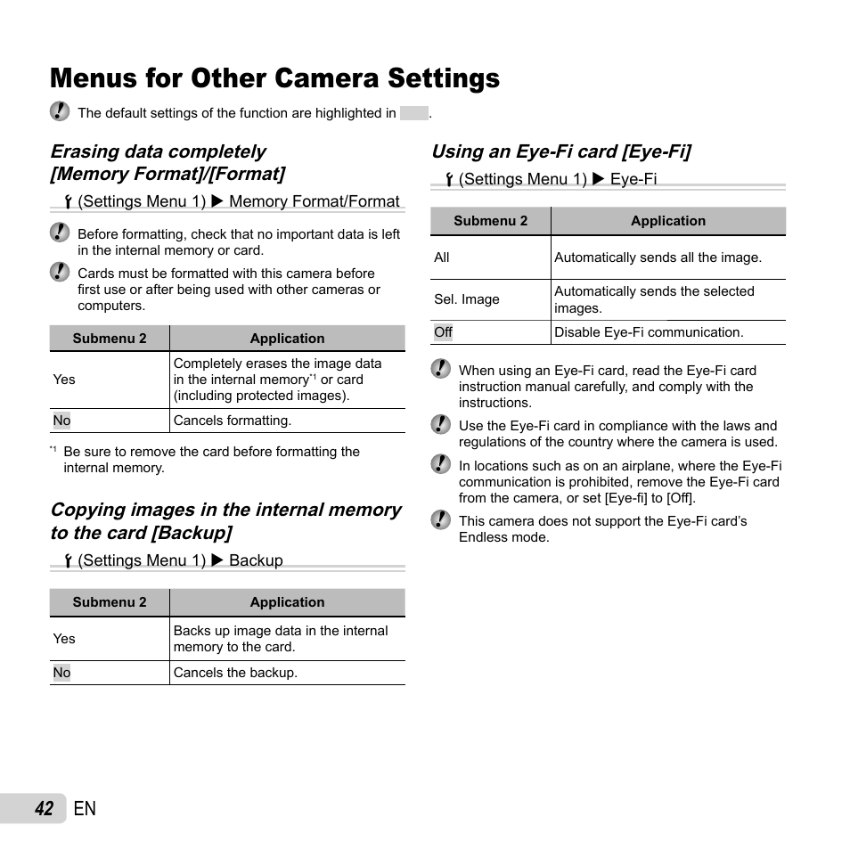 Menus for other camera settings, 42 en, Using an eye-fi card [eye-fi | Olympus VR-350 User Manual | Page 42 / 77
