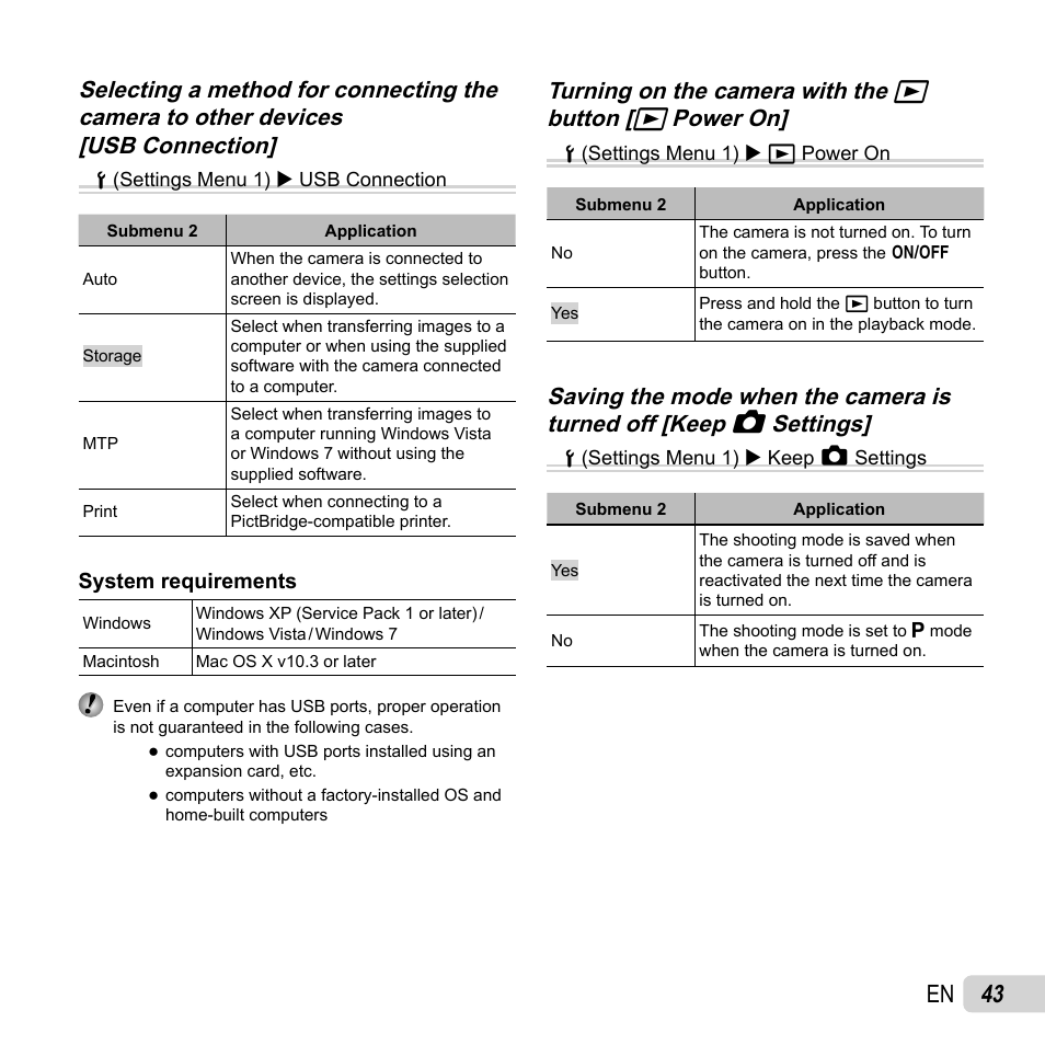 43 en, Turning on the camera with the | Olympus VR-350 User Manual | Page 43 / 77