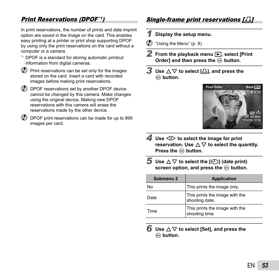 53 en, Print reservations (dpof, Single-frame print reservations | Olympus VR-350 User Manual | Page 53 / 77