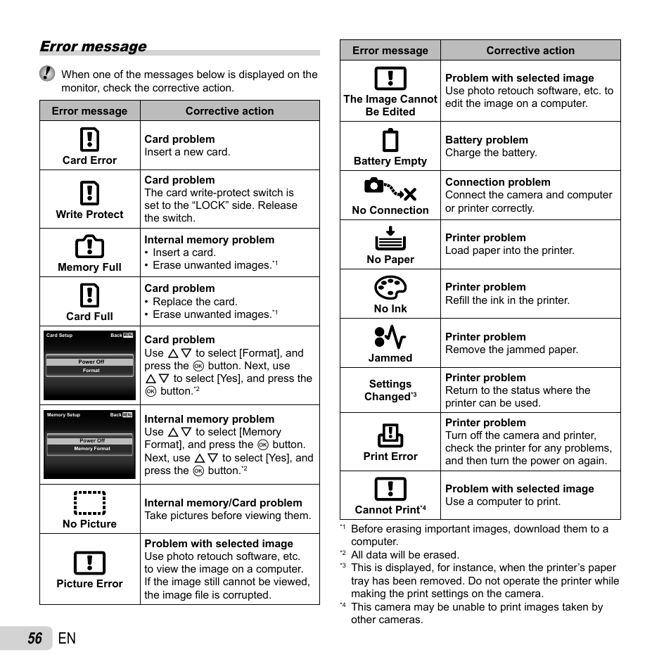 56 en, Error message | Olympus VR-350 User Manual | Page 56 / 77