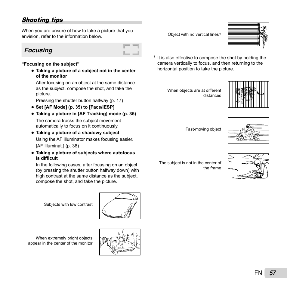 57 en, Shooting tips, Focusing | Olympus VR-350 User Manual | Page 57 / 77