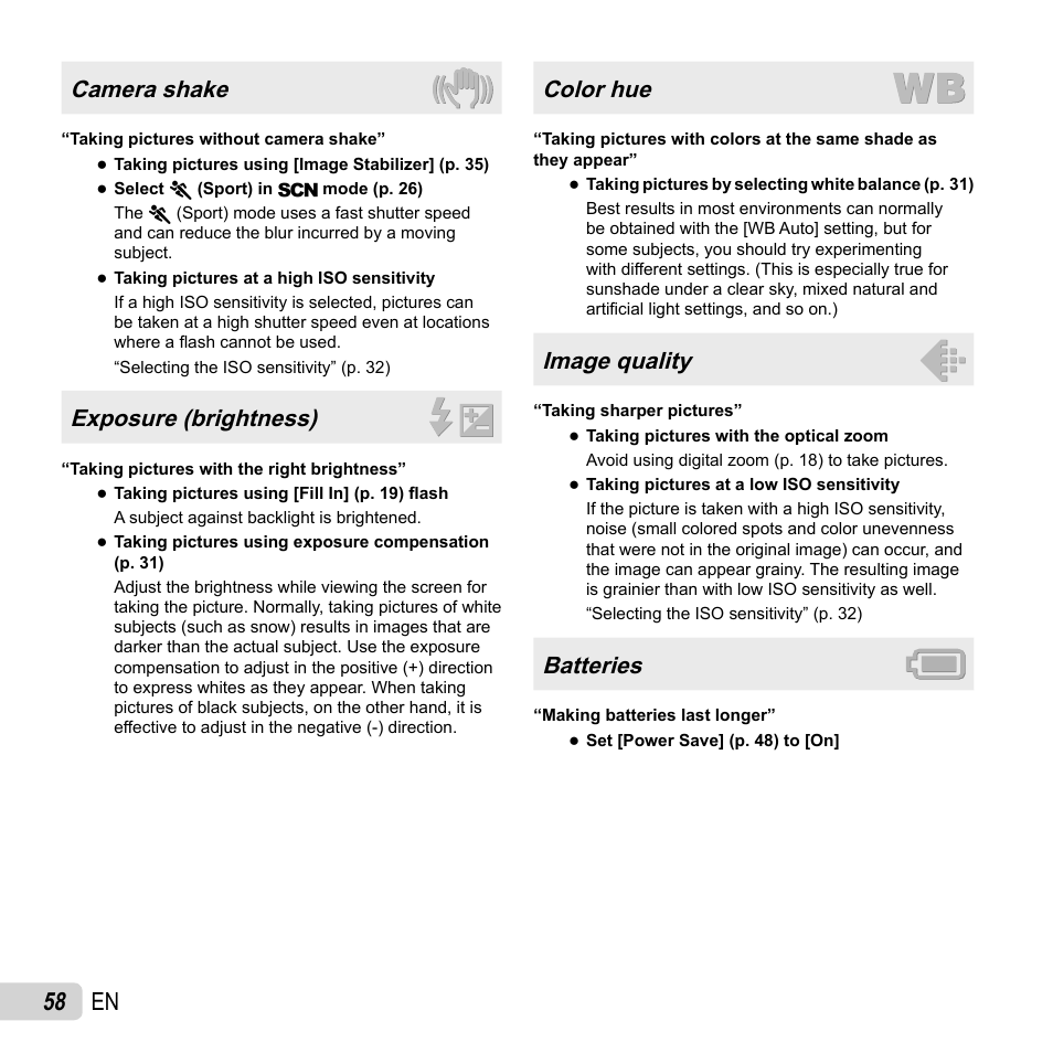 58 en, Camera shake, Exposure (brightness) | Color hue, Image quality, Batteries | Olympus VR-350 User Manual | Page 58 / 77