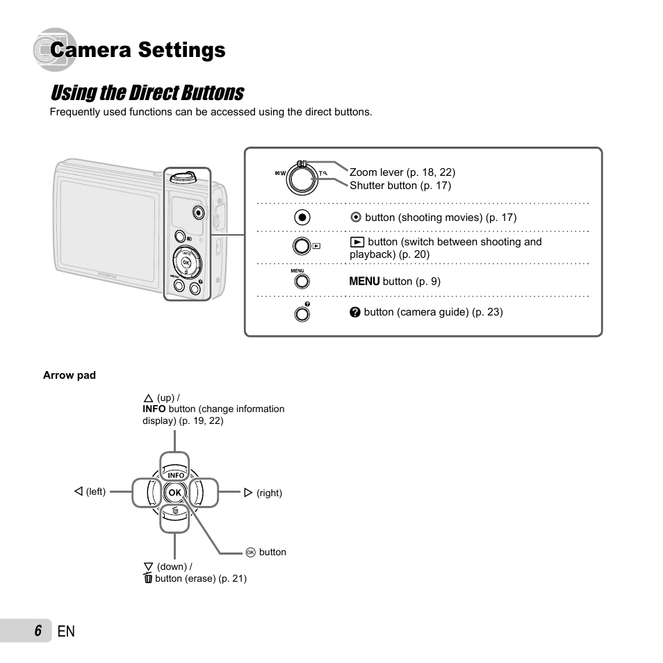 Camera settings, Using the direct buttons, 6 en | Olympus VR-350 User Manual | Page 6 / 77