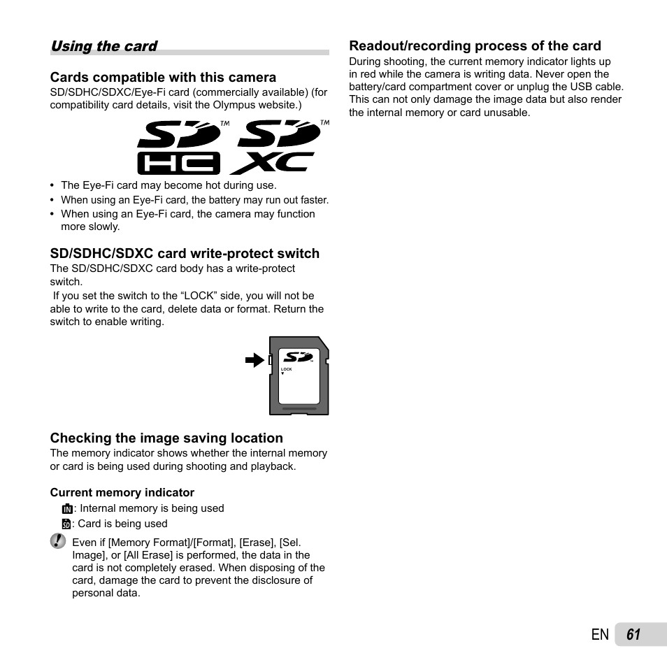 61 en, Using the card | Olympus VR-350 User Manual | Page 61 / 77