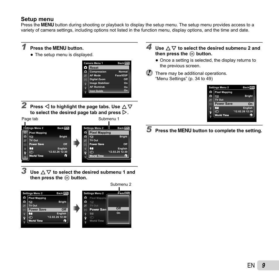 Setup menu, Press the  button, Press the  button to complete the setting | The setup menu is displayed | Olympus VR-350 User Manual | Page 9 / 77