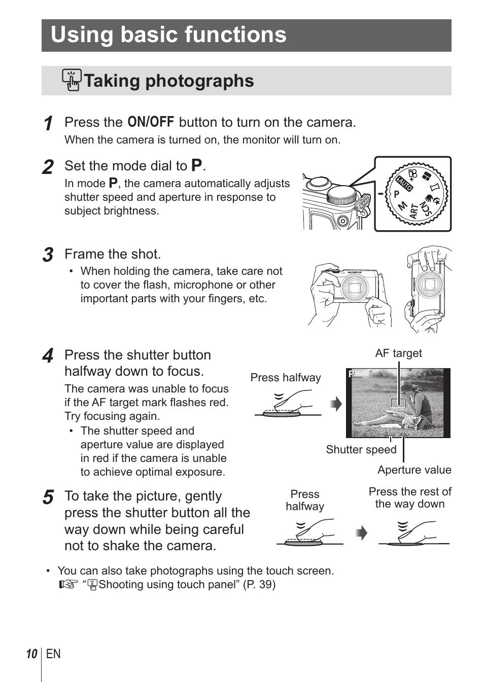 Using basic functions, Taking photographs | Olympus SH-1 User Manual | Page 10 / 113