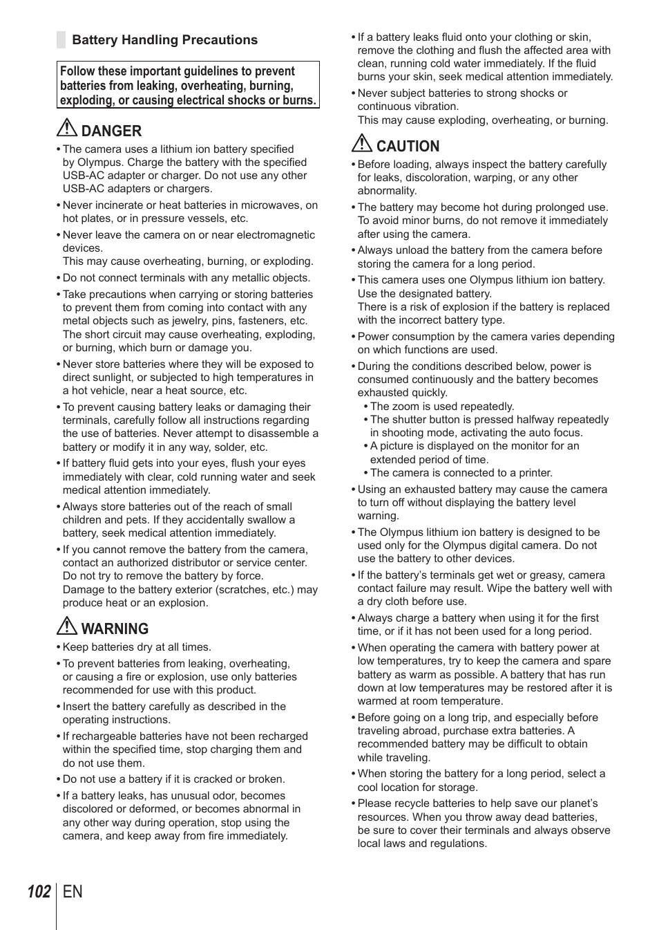 102 en, Danger, Warning | Caution | Olympus SH-1 User Manual | Page 102 / 113