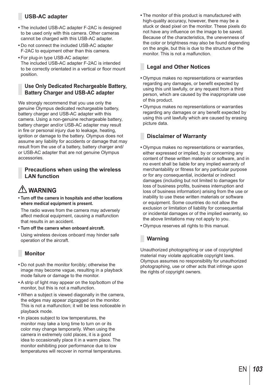 103 en, Warning | Olympus SH-1 User Manual | Page 103 / 113