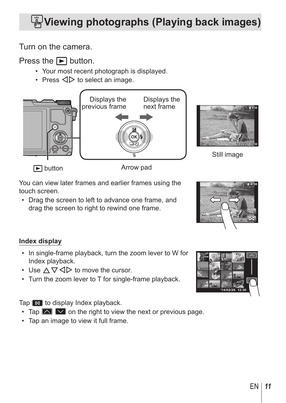 Viewing photographs (playing back images), Turn on the camera. press the q button, 11 en | Olympus SH-1 User Manual | Page 11 / 113