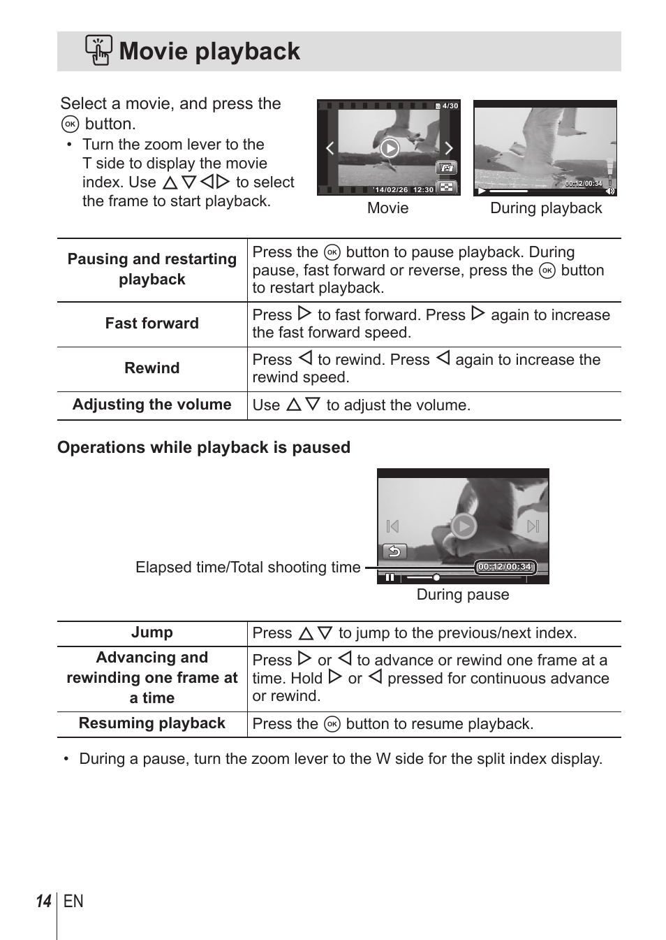 Movie playback, 14 en | Olympus SH-1 User Manual | Page 14 / 113