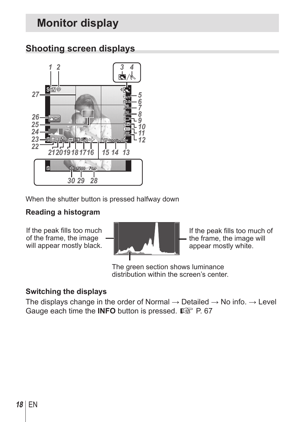 Monitor display, Shooting screen displays, 18 en | Reading a histogram | Olympus SH-1 User Manual | Page 18 / 113