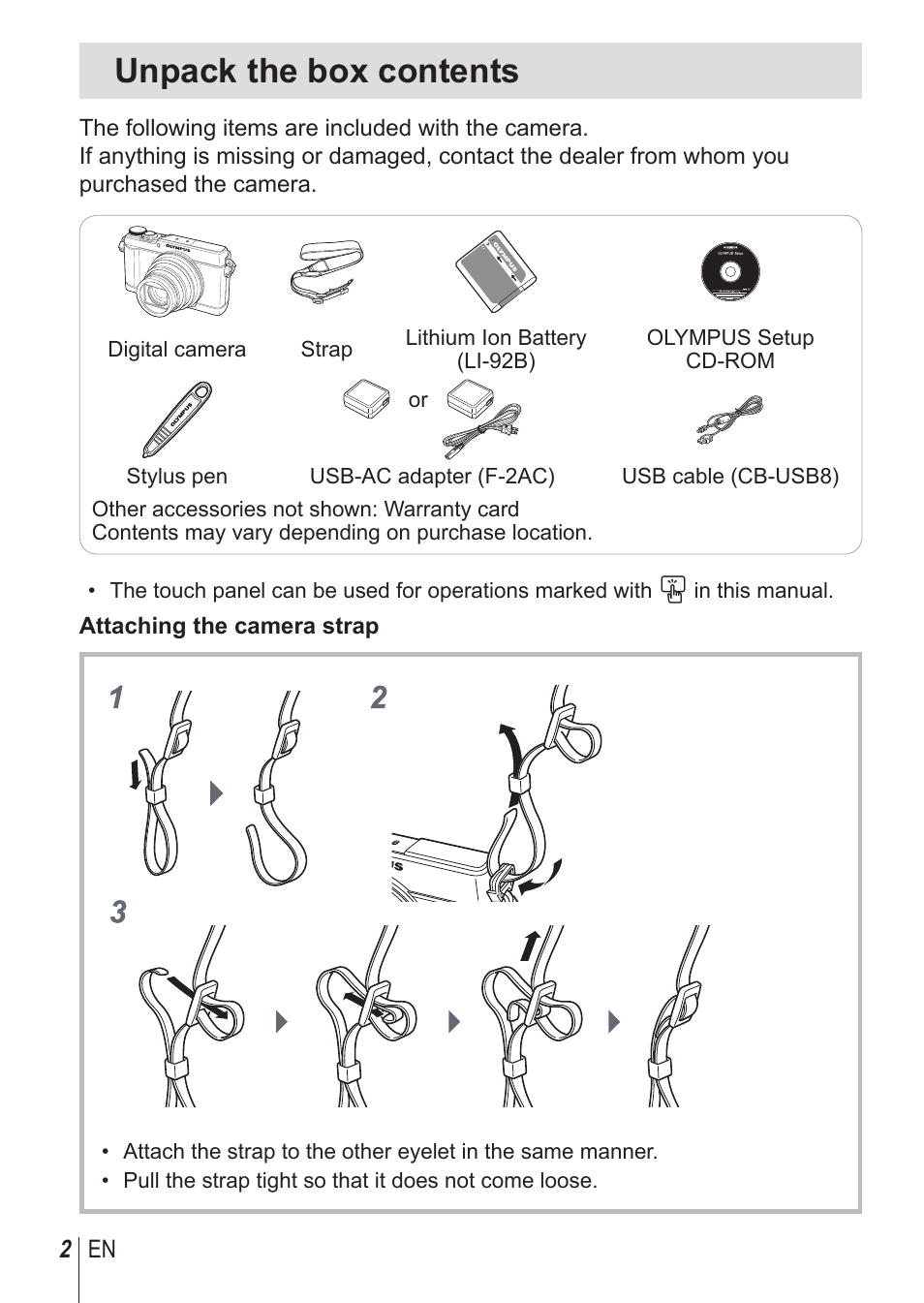 Unpack the box contents | Olympus SH-1 User Manual | Page 2 / 113