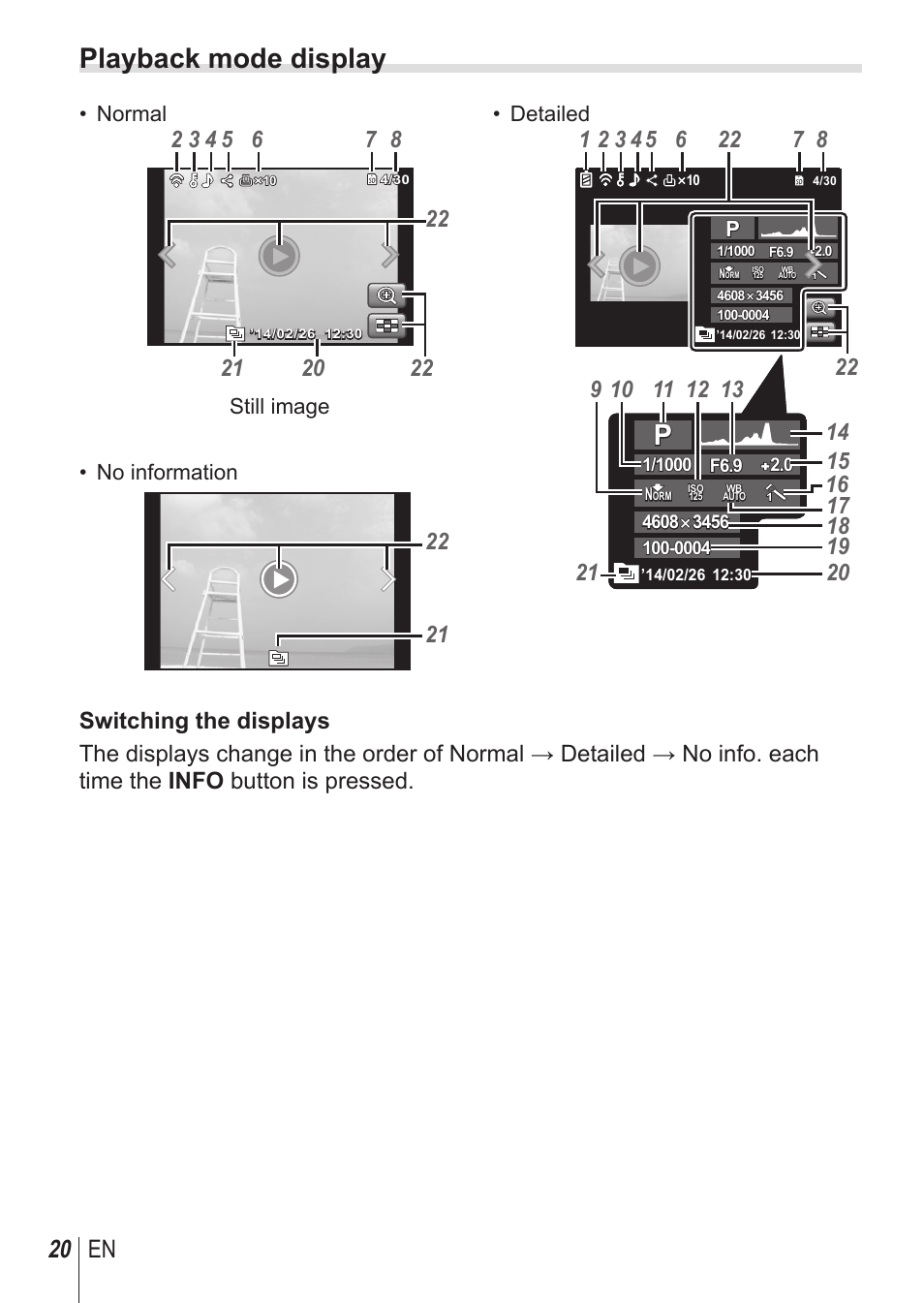 Playback mode display, 20 en, Normal | Still image • no information, Detailed | Olympus SH-1 User Manual | Page 20 / 113