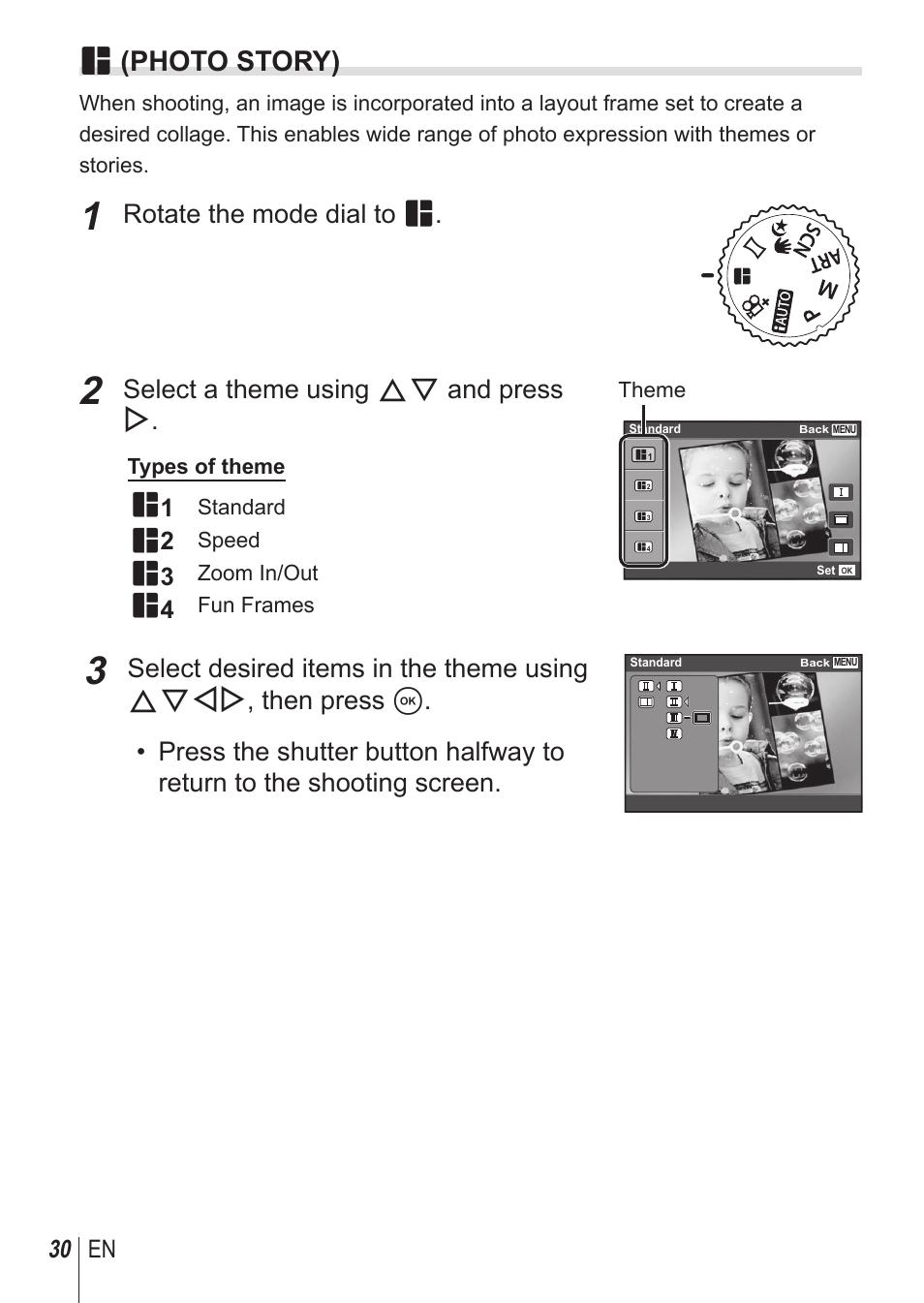 P (photo story), Rotate the mode dial to p, Select a theme using fg and press i | 30 en | Olympus SH-1 User Manual | Page 30 / 113