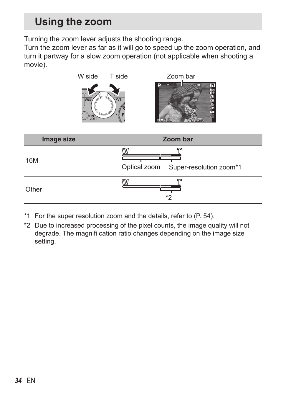 Using the zoom, 34 en | Olympus SH-1 User Manual | Page 34 / 113