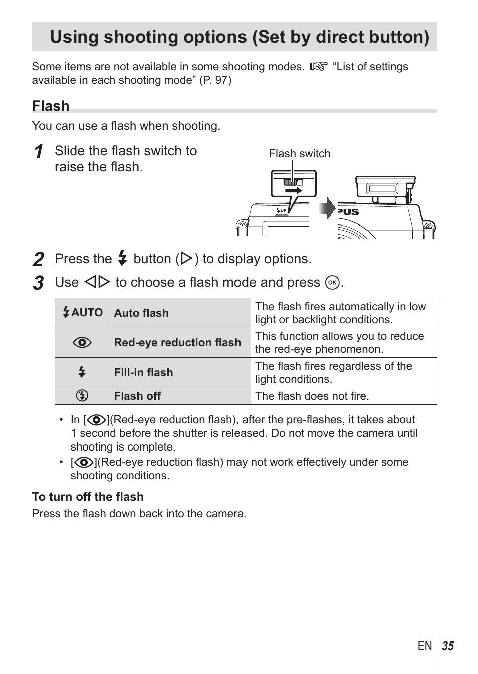 Using shooting options (set by direct button), Flash | Olympus SH-1 User Manual | Page 35 / 113