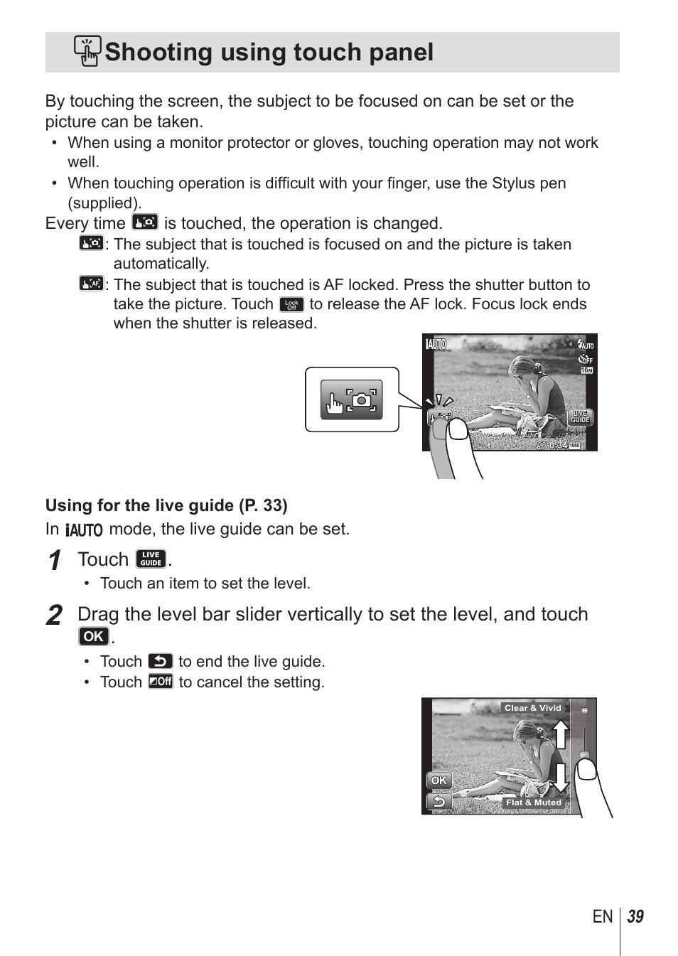 Shooting using touch panel, Touch m, 39 en | Olympus SH-1 User Manual | Page 39 / 113