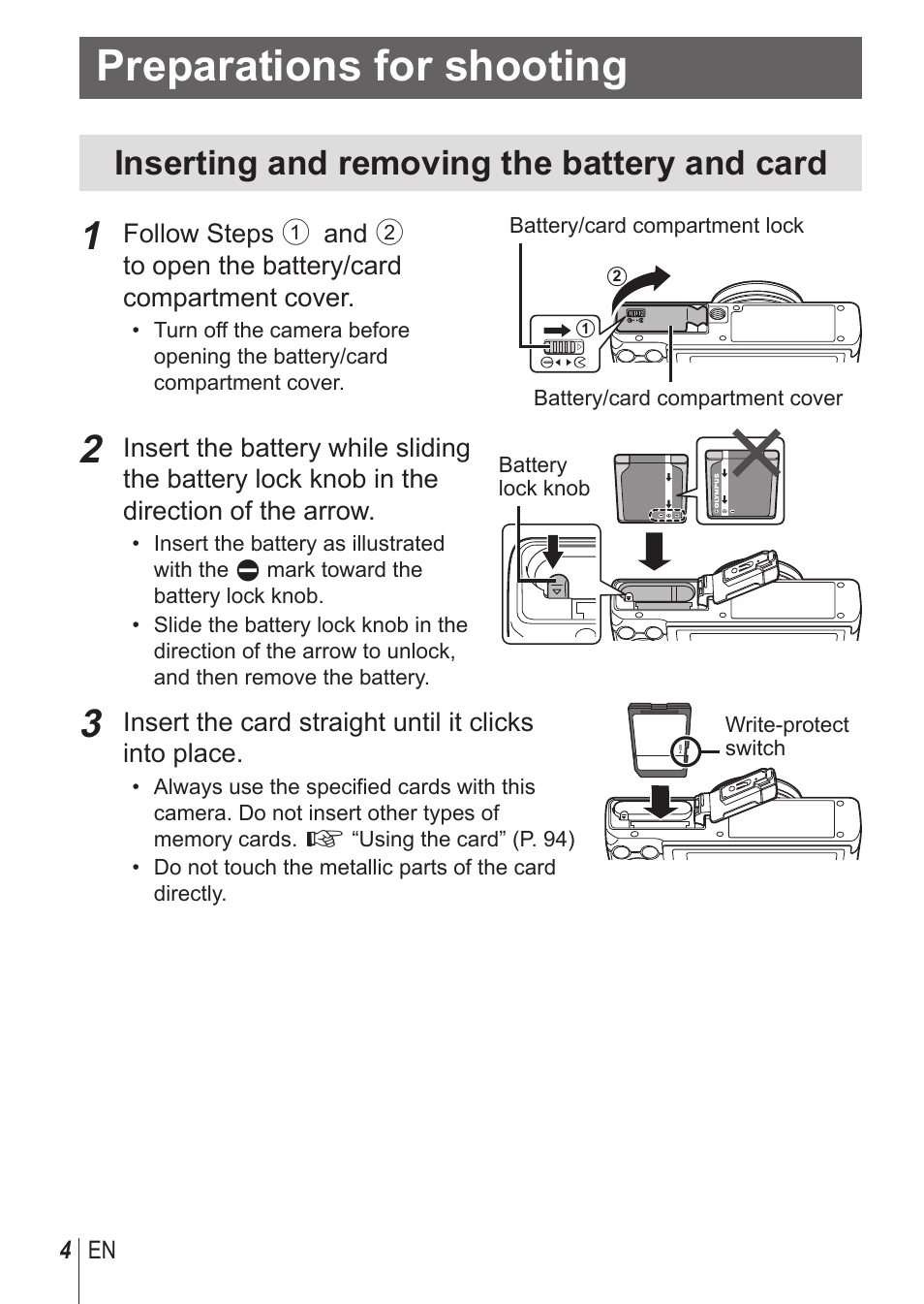 Preparations for shooting, Inserting and removing the battery and card | Olympus SH-1 User Manual | Page 4 / 113