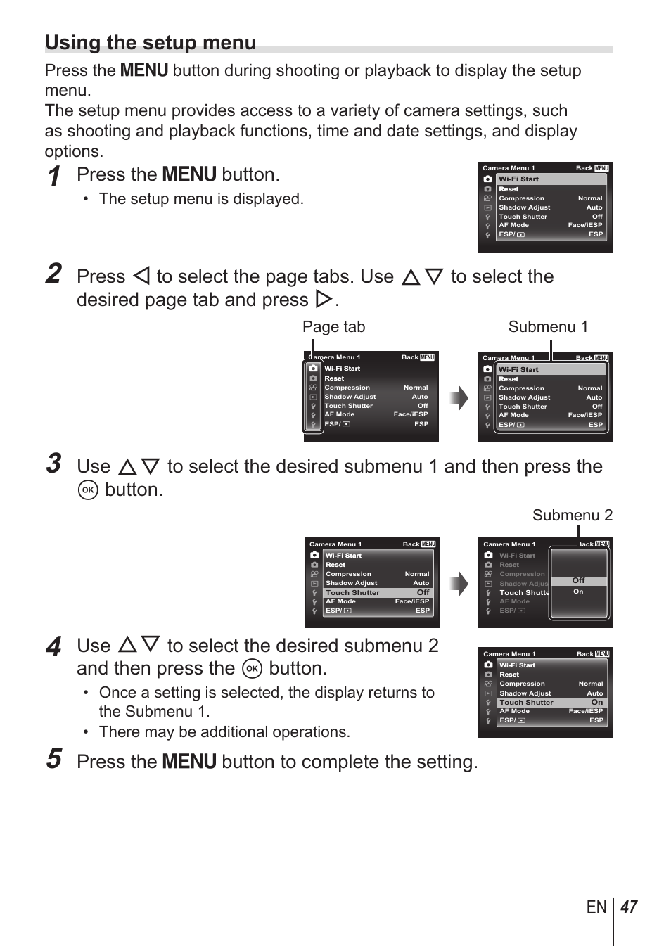 Using the setup menu, Press the  button, Press the  button to complete the setting | 47 en, The setup menu is displayed, Page tab, Submenu 1, Submenu 2 | Olympus SH-1 User Manual | Page 47 / 113