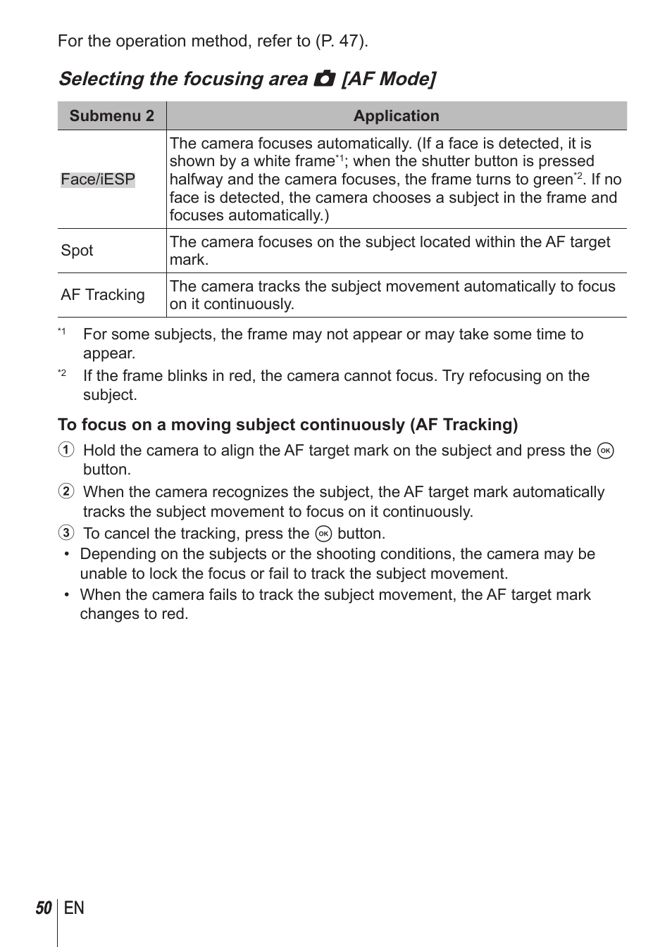 Selecting the focusing area z [af mode, 50 en | Olympus SH-1 User Manual | Page 50 / 113