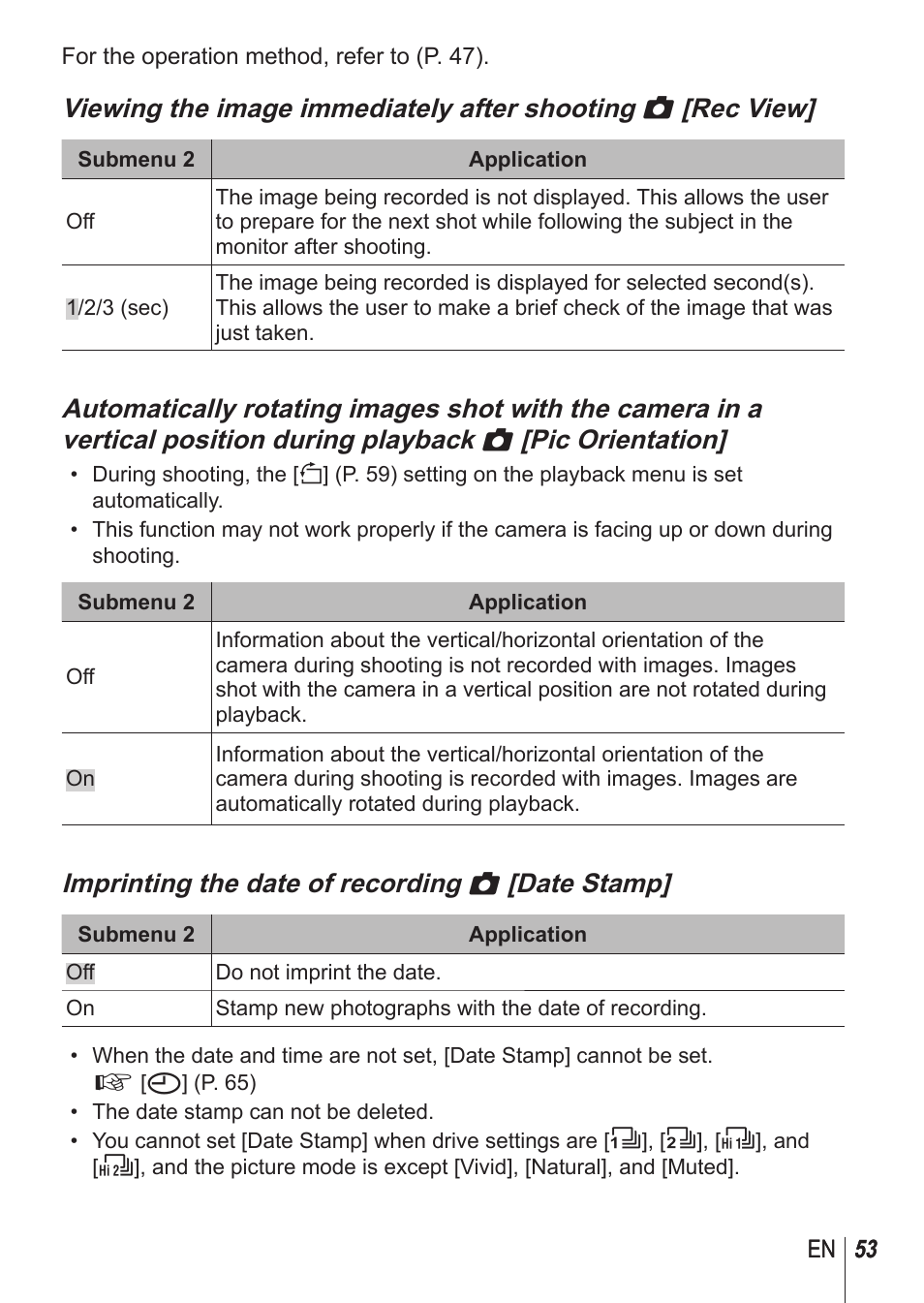 Imprinting the date of recording z [date stamp | Olympus SH-1 User Manual | Page 53 / 113