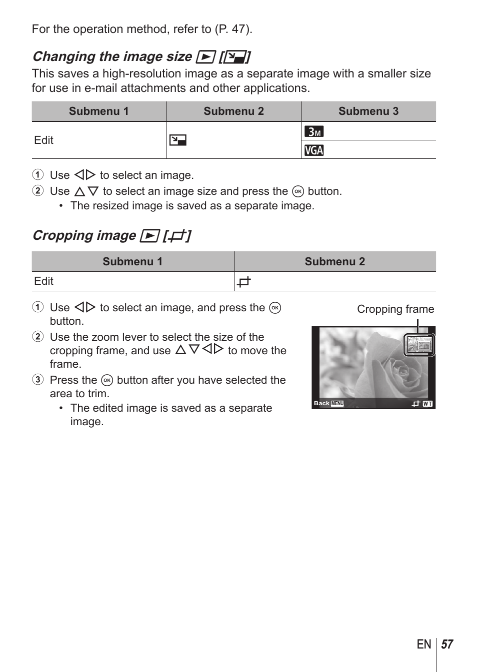 Changing the image size q [ q, Cropping image q [ p | Olympus SH-1 User Manual | Page 57 / 113