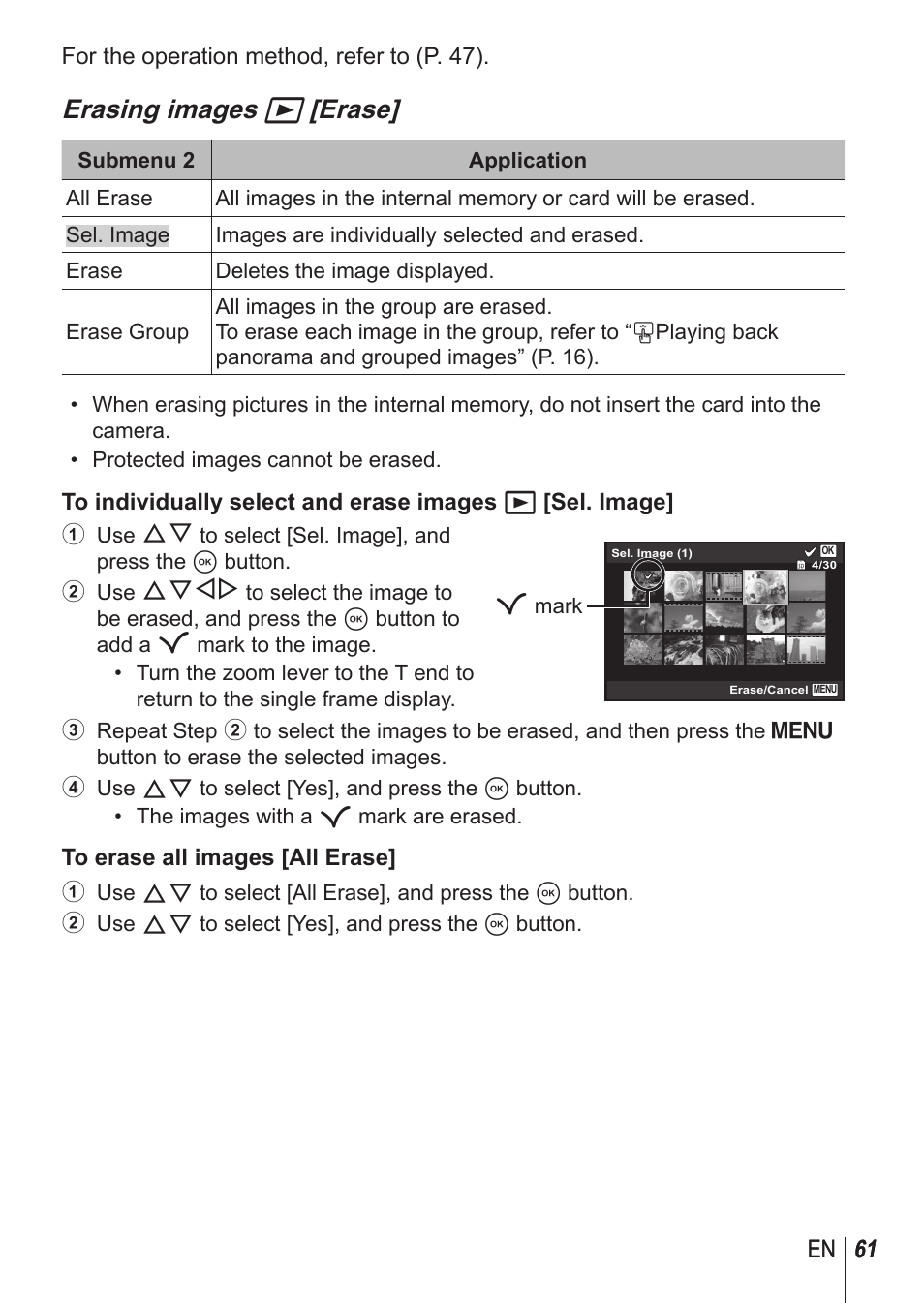 Erasing images q [erase, 61 en 61 en | Olympus SH-1 User Manual | Page 61 / 113