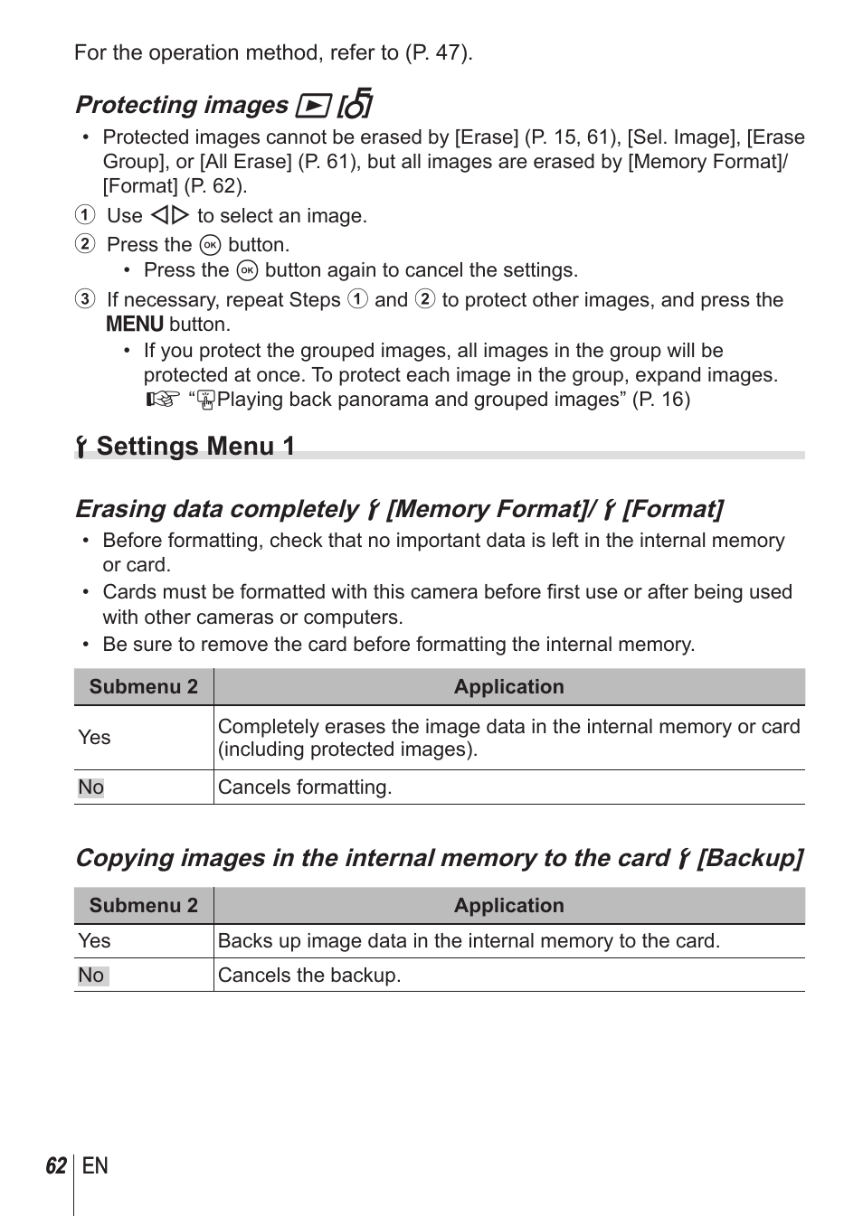 D settings menu 1, Protecting images q [ r | Olympus SH-1 User Manual | Page 62 / 113