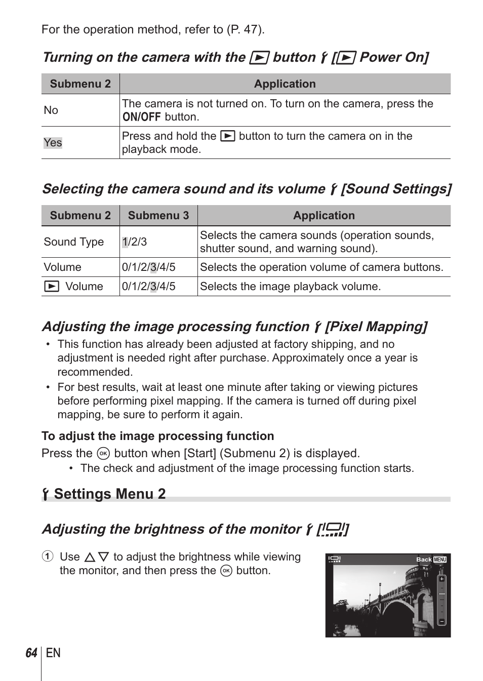 D settings menu 2, Adjusting the brightness of the monitor d [ s | Olympus SH-1 User Manual | Page 64 / 113