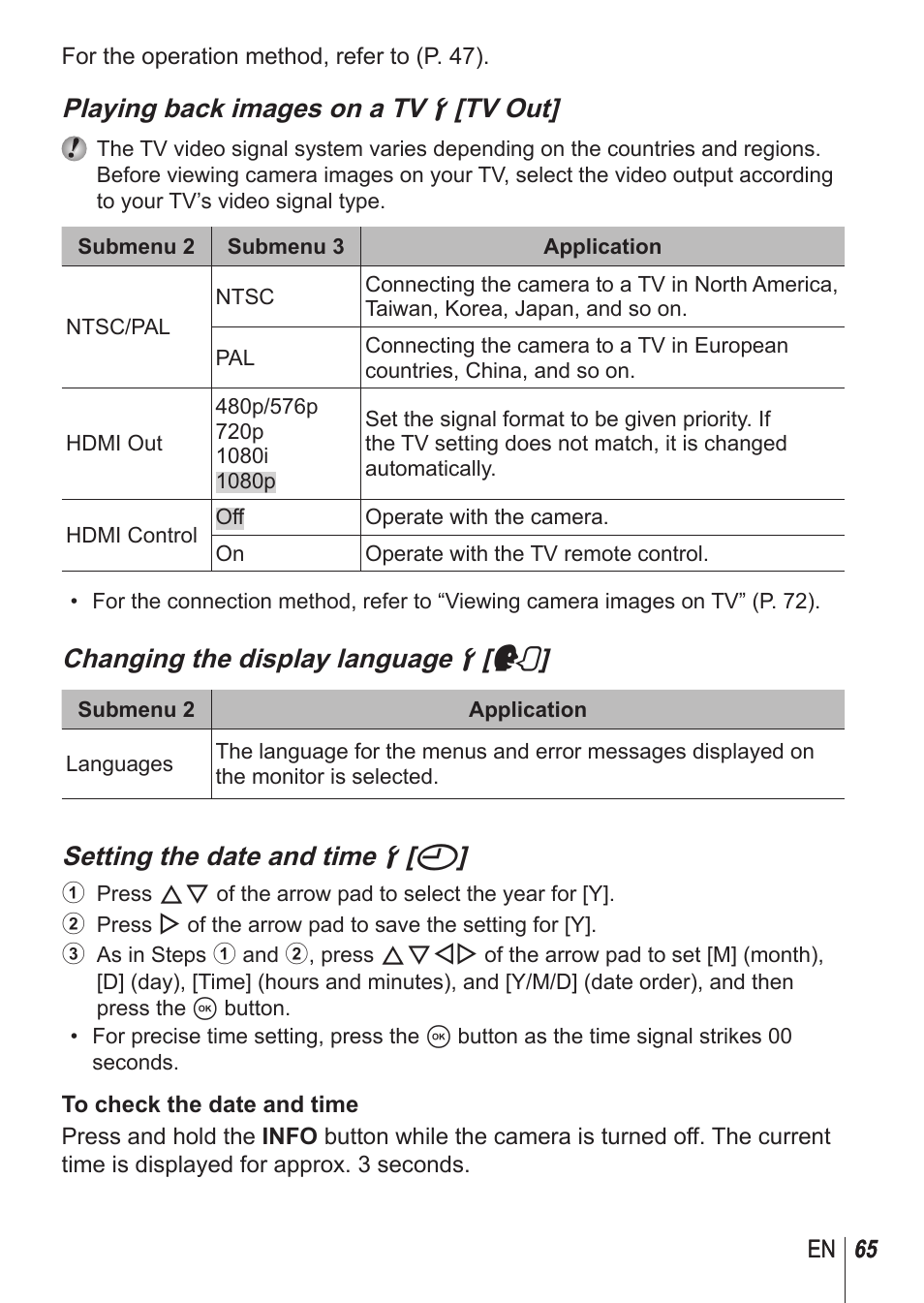 Playing back images on a tv d [tv out, Changing the display language d [ l, Setting the date and time d [ x | Olympus SH-1 User Manual | Page 65 / 113